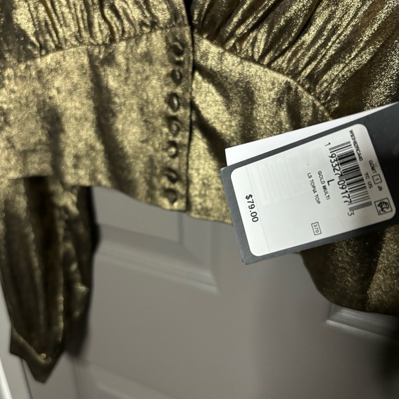 GUESS Shimmery Golden Bronzed Cropped Blouse Long Sleeves L New - Picture 4 of 9
